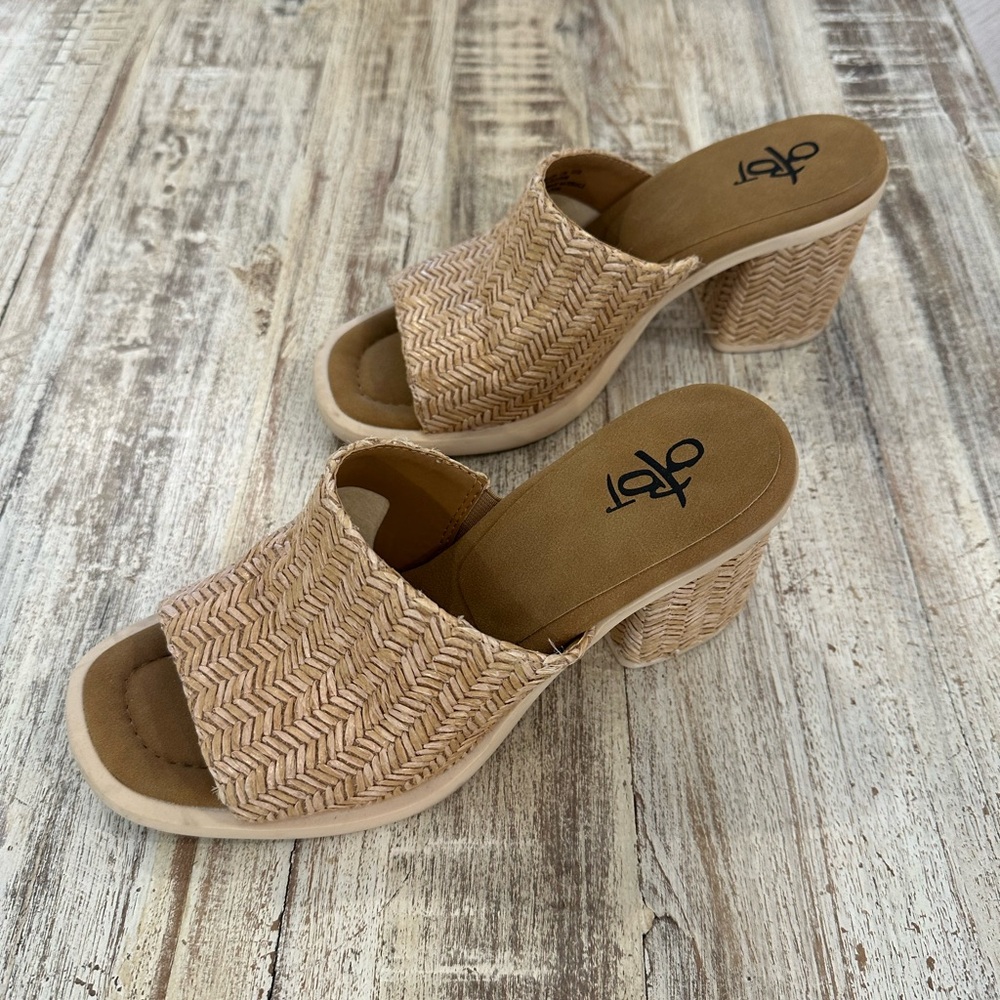 OTBT Tan Woven Mules with Block Heel